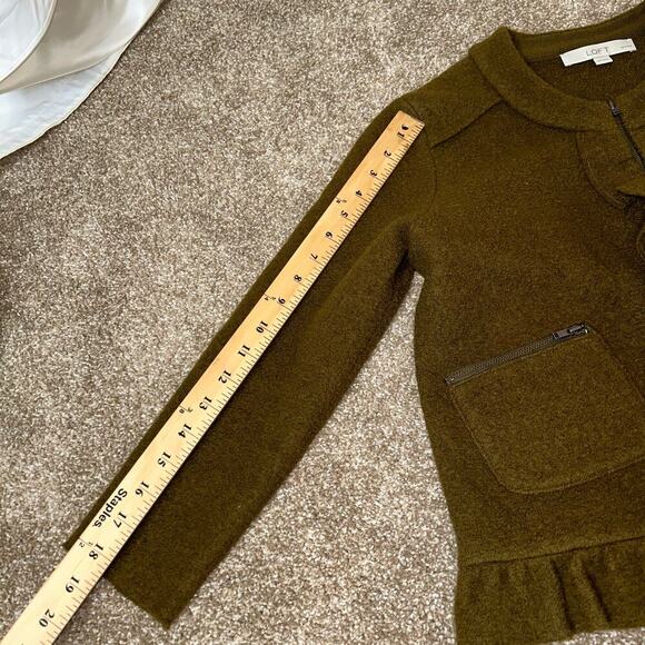 LOFT Merino Wool Jacket ruffle edges olive green zip up pockets career SZ M PT - Picture 5 of 10